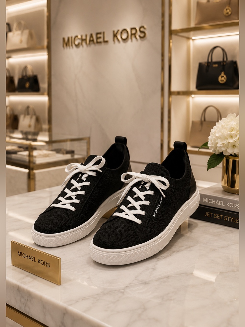 Never worn Michael Kors Black Knit Sneakers with White Laces and Sole